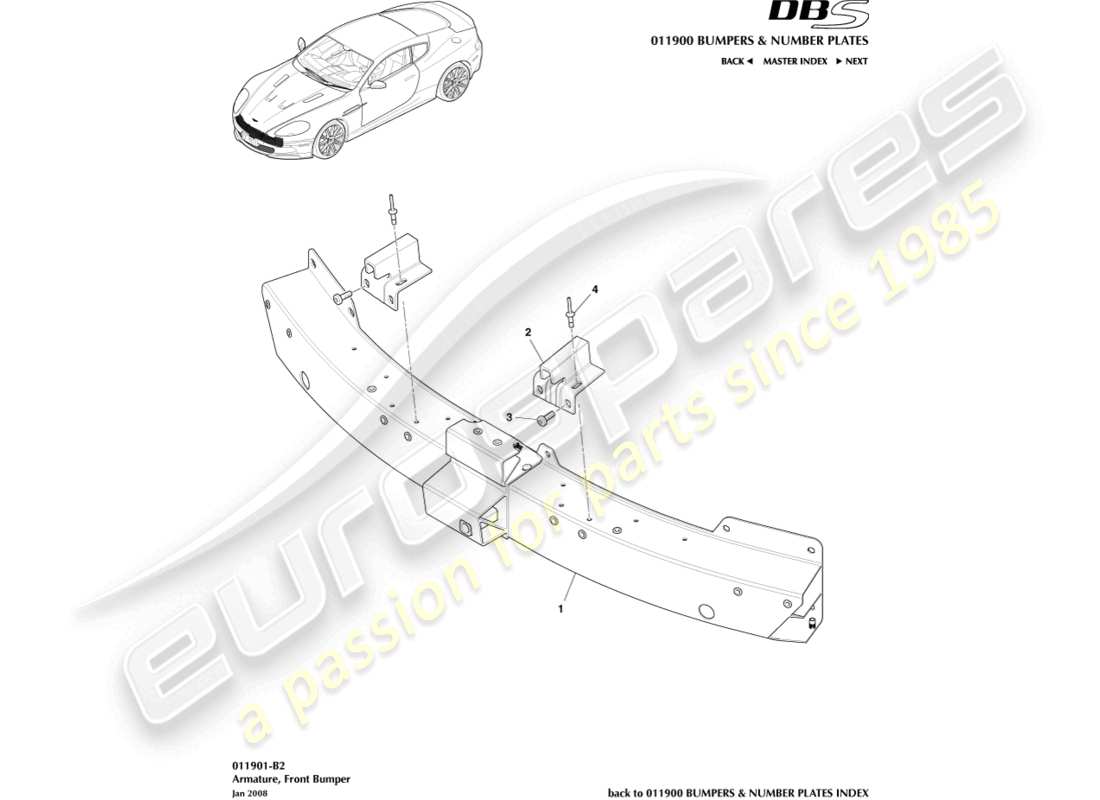 aston martin dbs (2008) teilediagramm für die vordere stoßstangenarmatur