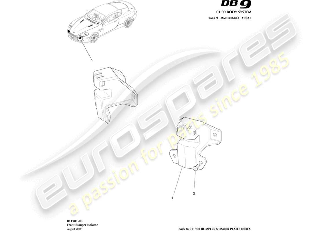 aston martin db9 (2009) teilediagramm für den vorderen stoßfängerisolator