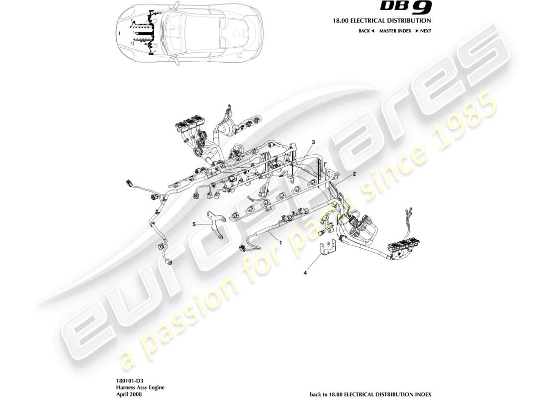 aston martin db9 (2009) teilediagramm für motorkabelbaum