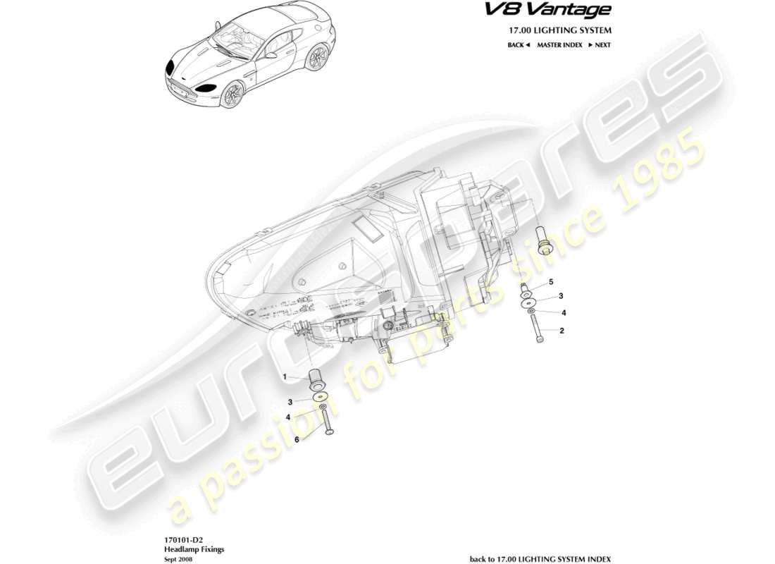 aston martin v8 vantage (2013) teilediagramm für scheinwerferbefestigungen