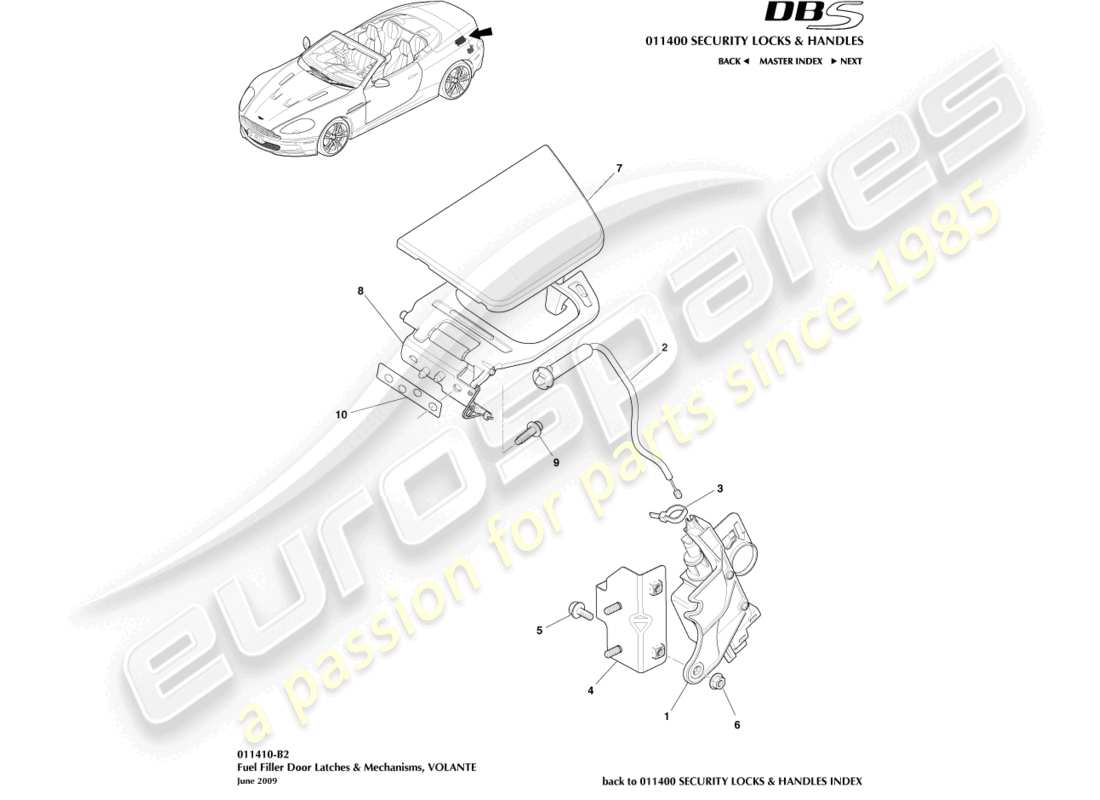 aston martin dbs (2009) kraftstoffeinfüllmechanismus, volante-teilediagramm