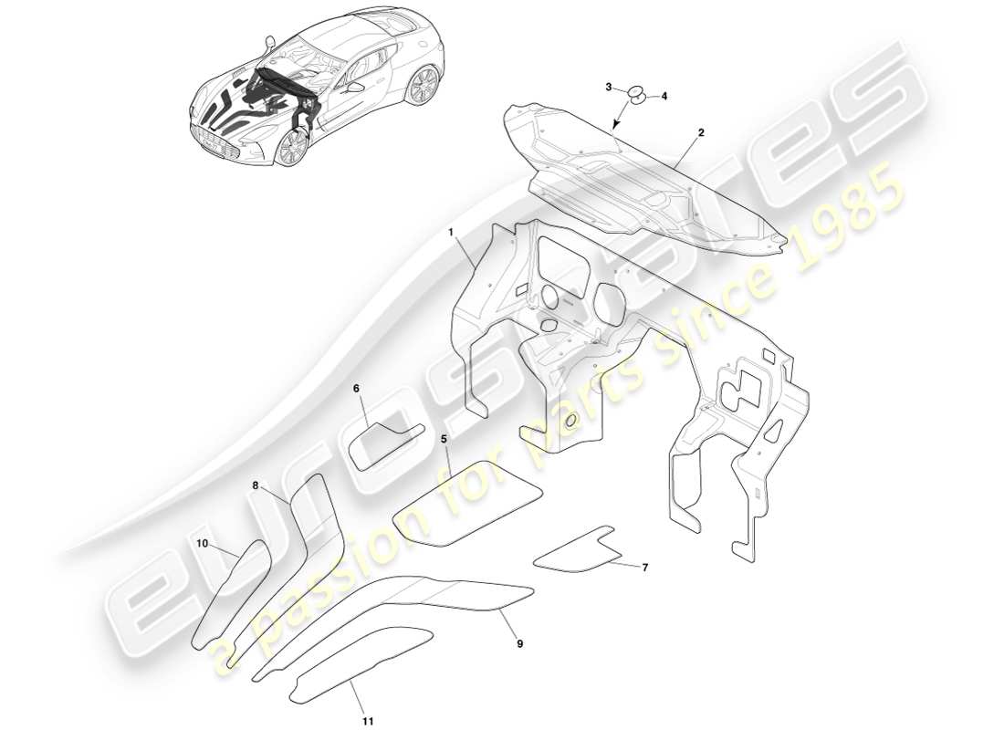 aston martin one-77 (2011) teilediagramm für schott- und motorisolierung