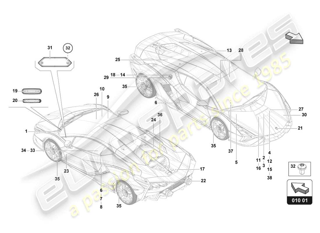 lamborghini sian roadster (2021) typenschilder ersatzteil-diagramm