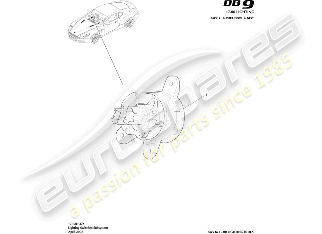 aston martin db9 (2010) teilediagramm für lichtschalter
