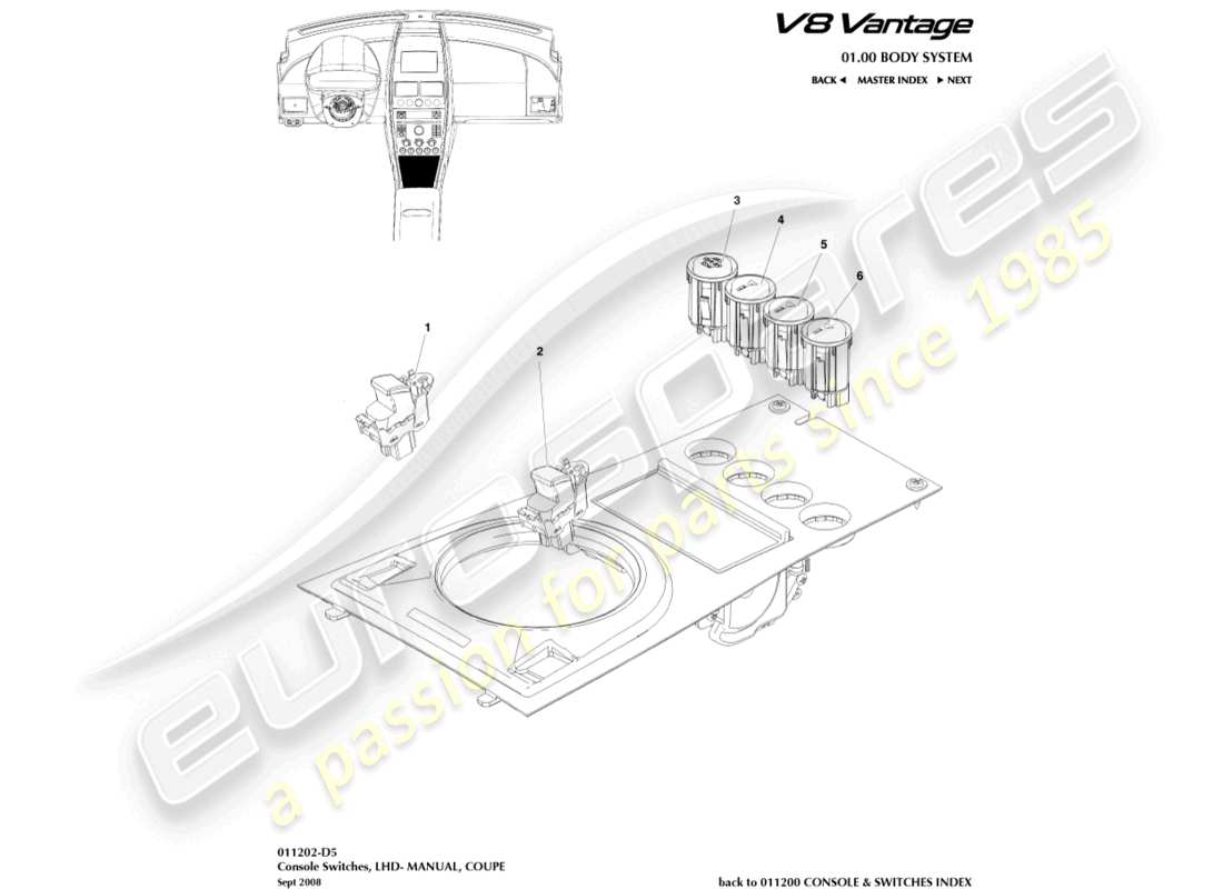 aston martin v8 vantage (2018) konsolenschalter, coupé, lhd-ersatzteildiagramm