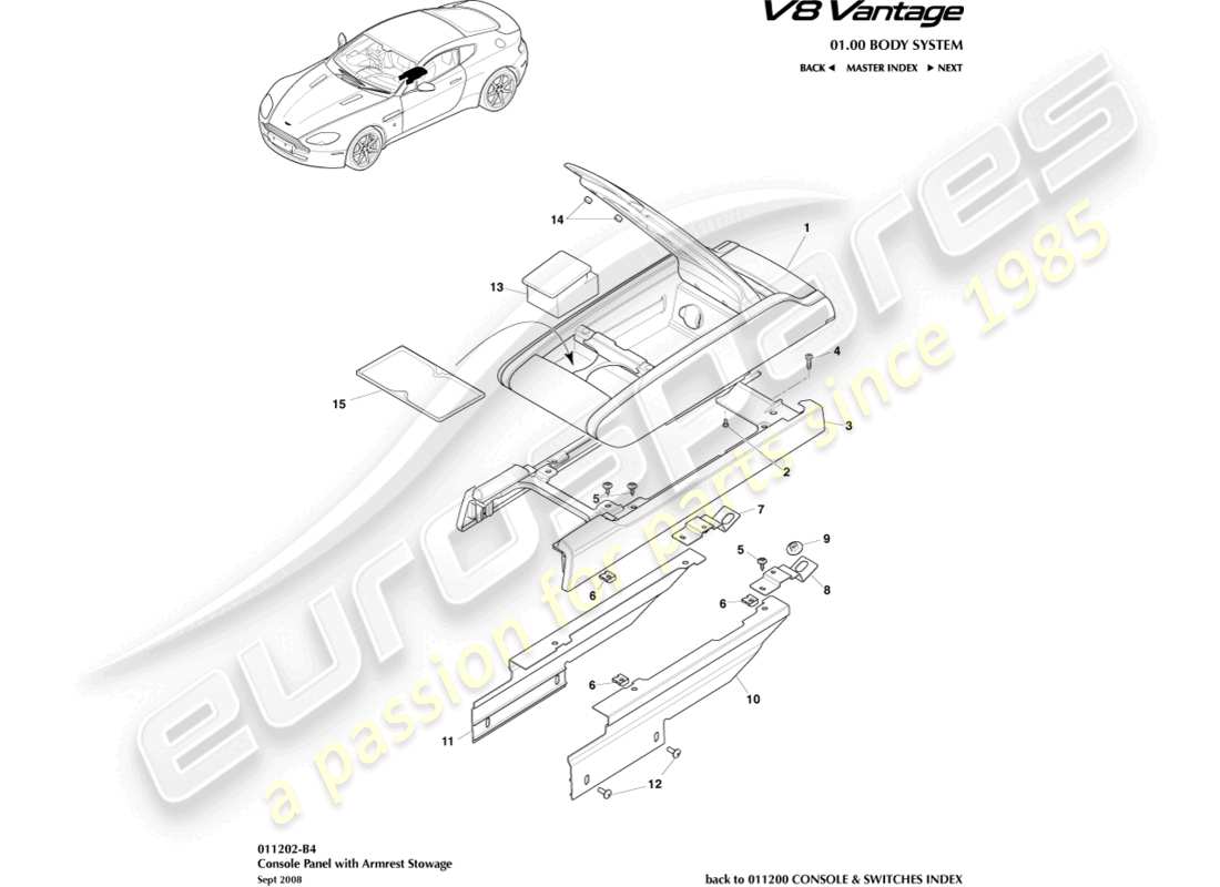 aston martin v8 vantage (2018) mittelkonsole mit armlehne teilediagramm