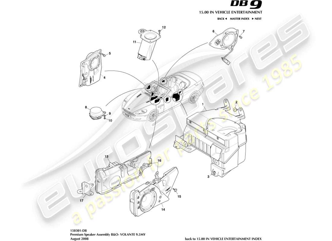 aston martin db9 (2004) lautsprecher, premium, volante-teilediagramm