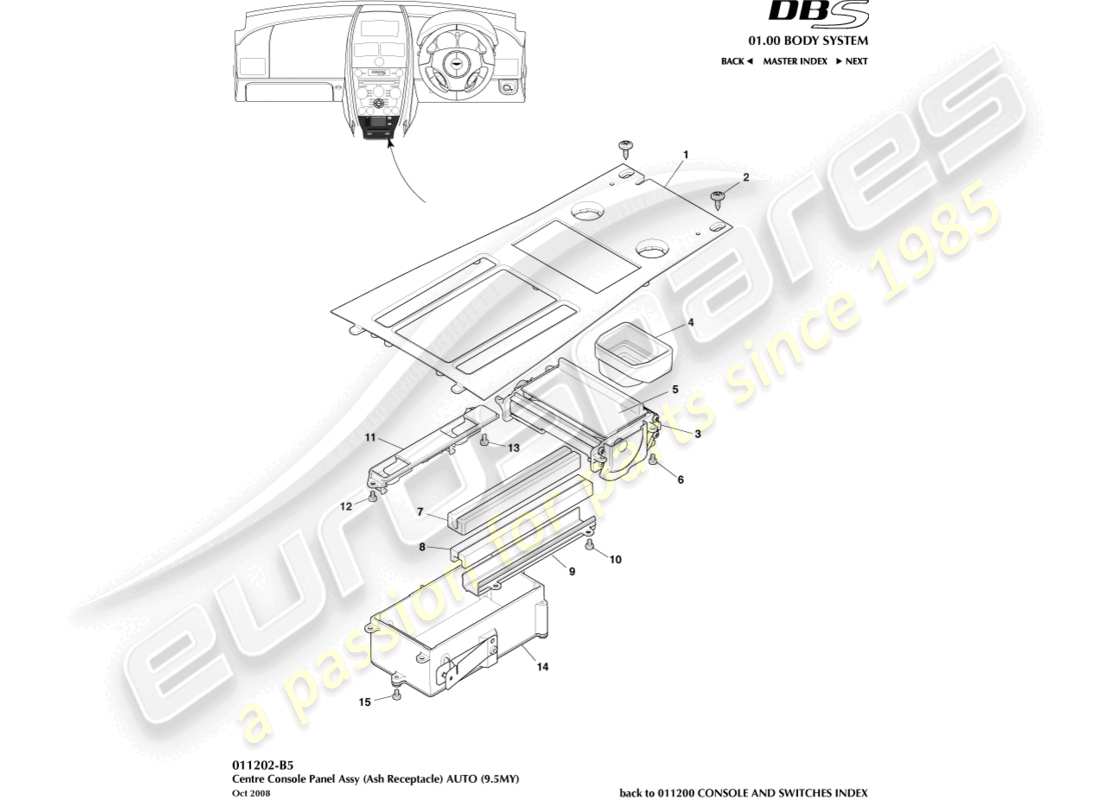 aston martin dbs (2008) mittelkonsole, autoteildiagramm