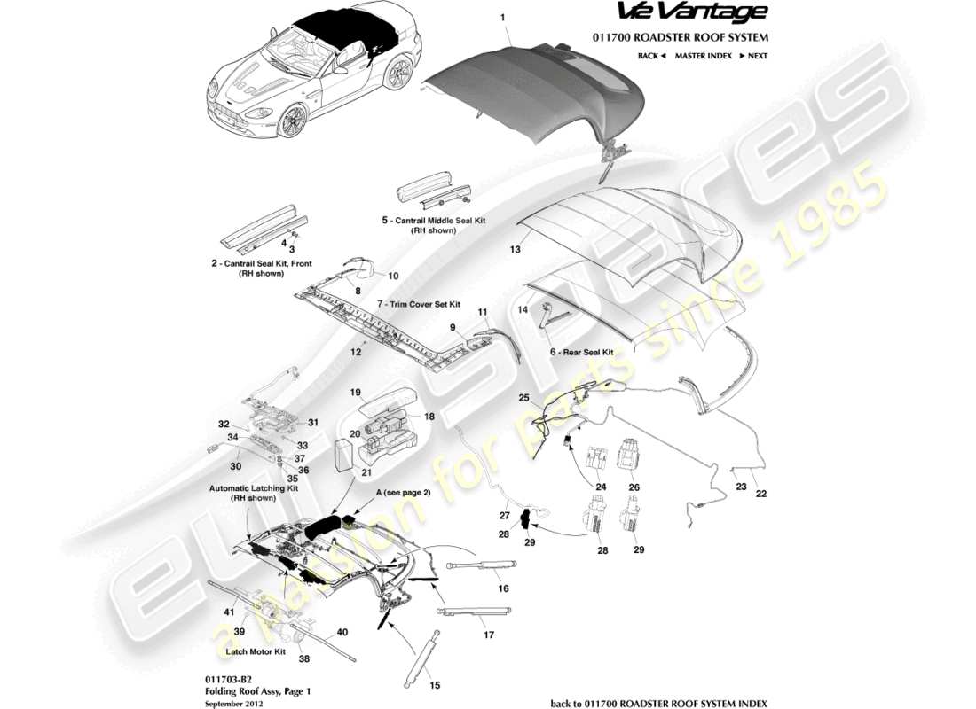 aston martin v12 vantage (2012) roadsterdach, seite 1 teilediagramm