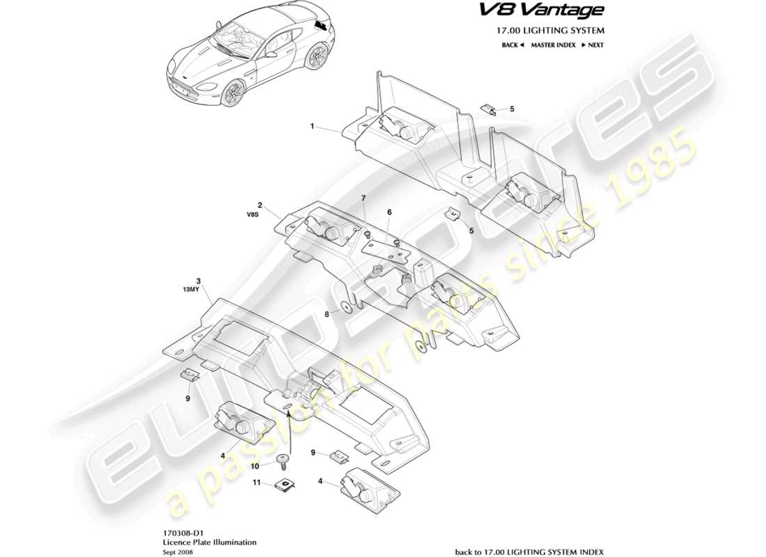 aston martin v8 vantage (2018) teilediagramm für kennzeichenleuchten