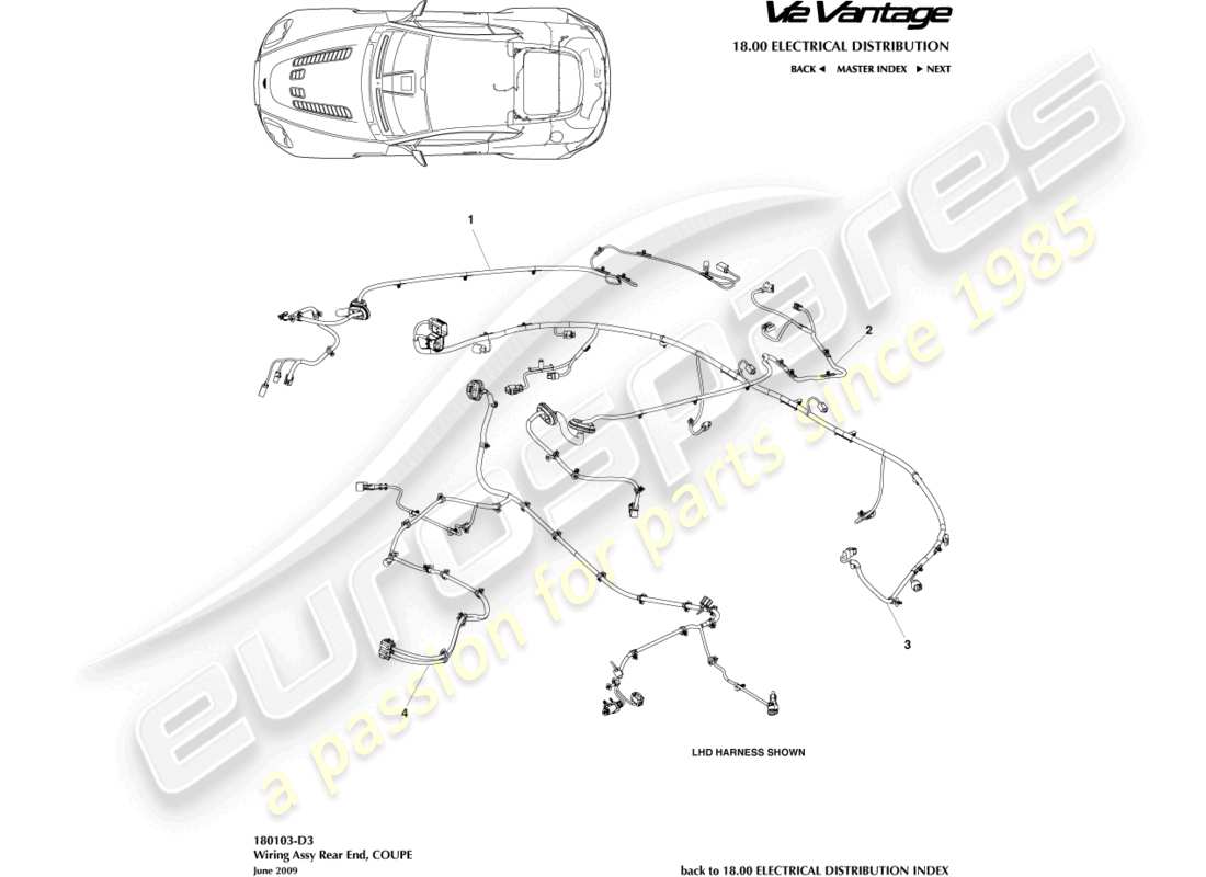 aston martin v12 vantage (2011) kabelbaum hinten, coupé-teilediagramm