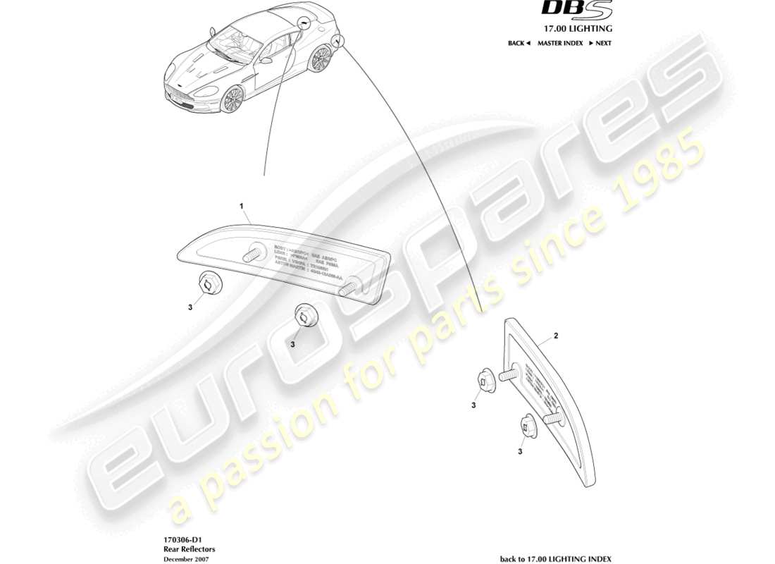 aston martin dbs (2010) teilediagramm für rückreflektoren