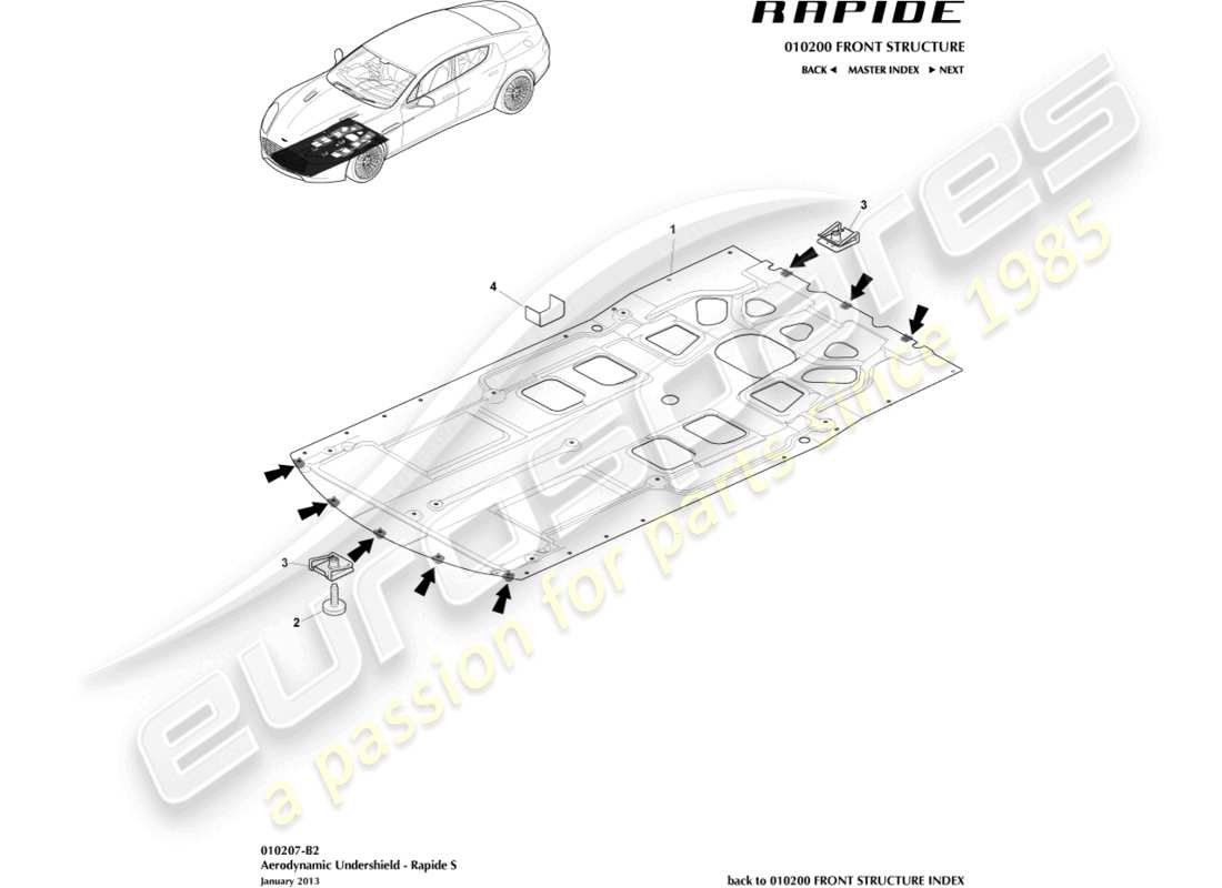 aston martin rapide (2012) vorderer unterbodenschutz, s-teilediagramm