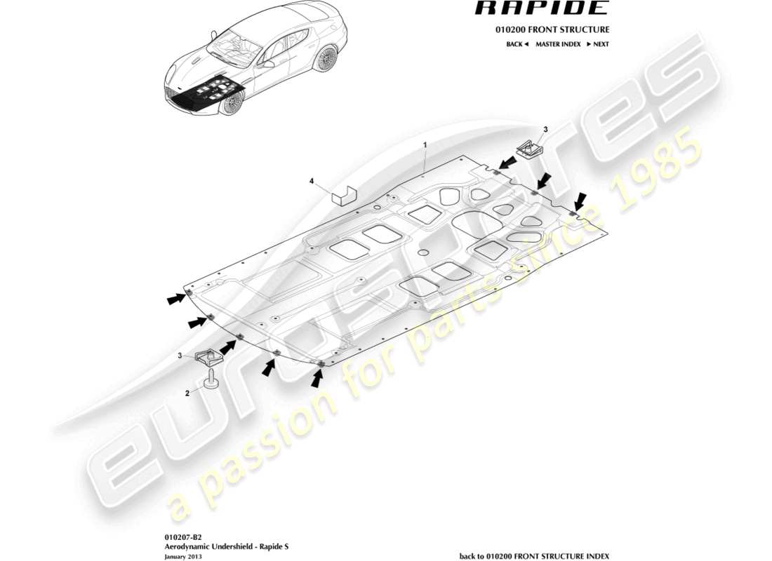 aston martin rapide (2011) vorderer unterbodenschutz, s-teilediagramm