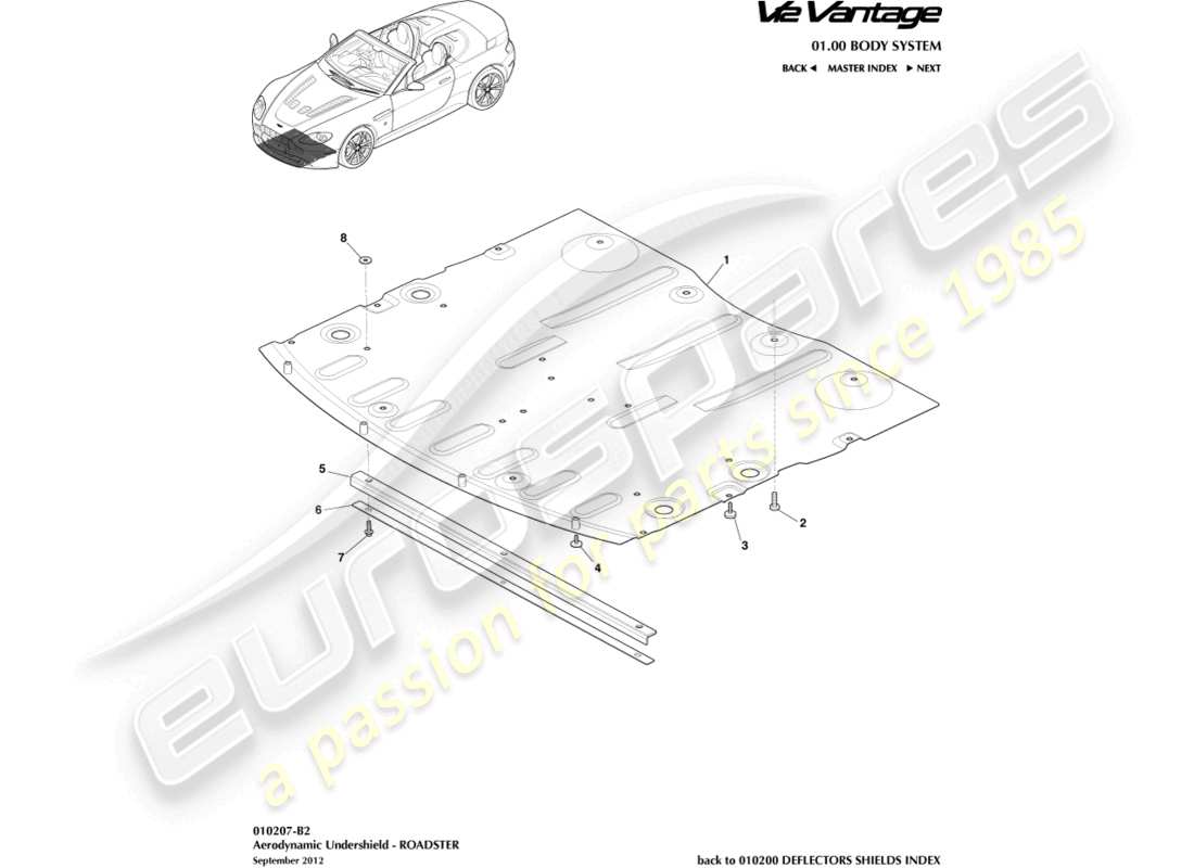aston martin v12 vantage (2011) vorderer unterbodenschutz, roadster-ersatzteildiagramm