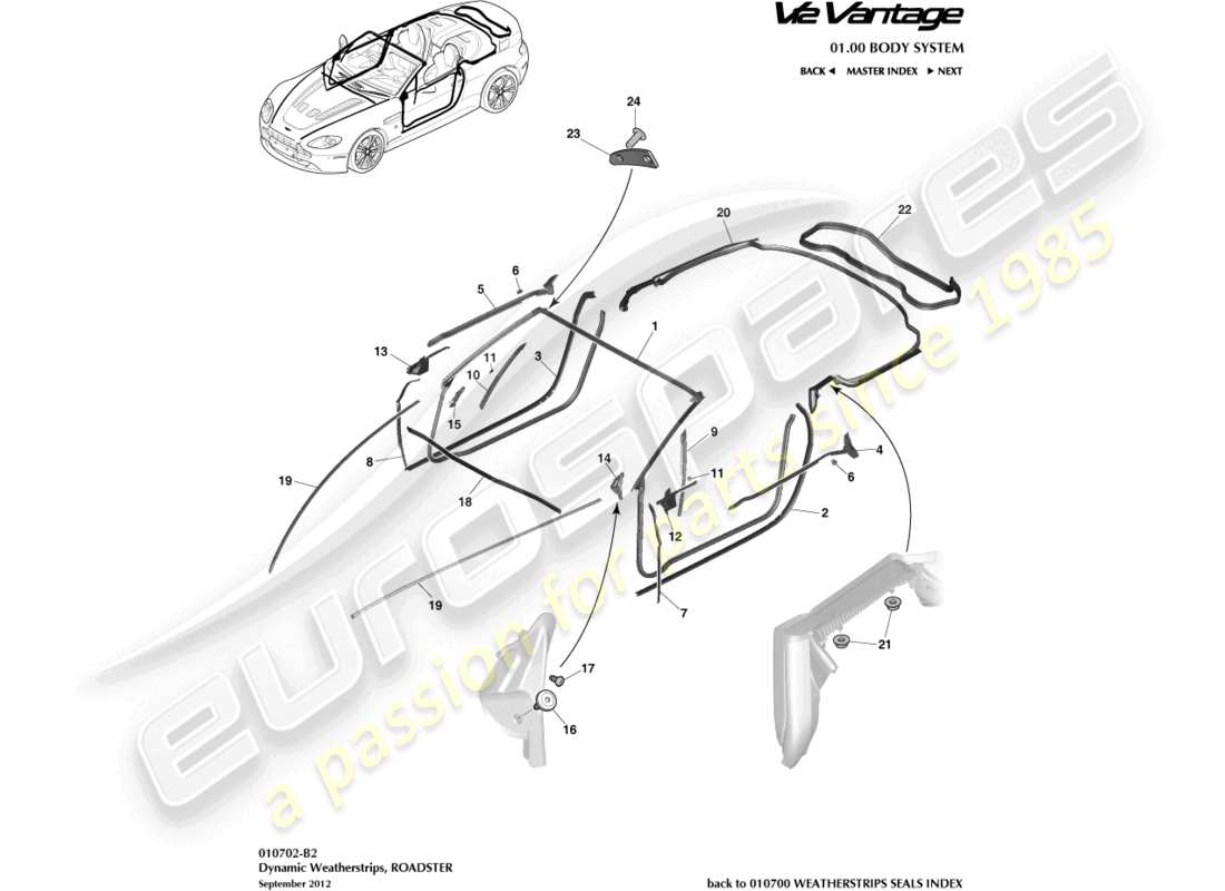 aston martin v12 vantage (2010) dynamische dichtungen, roadster-ersatzteildiagramm