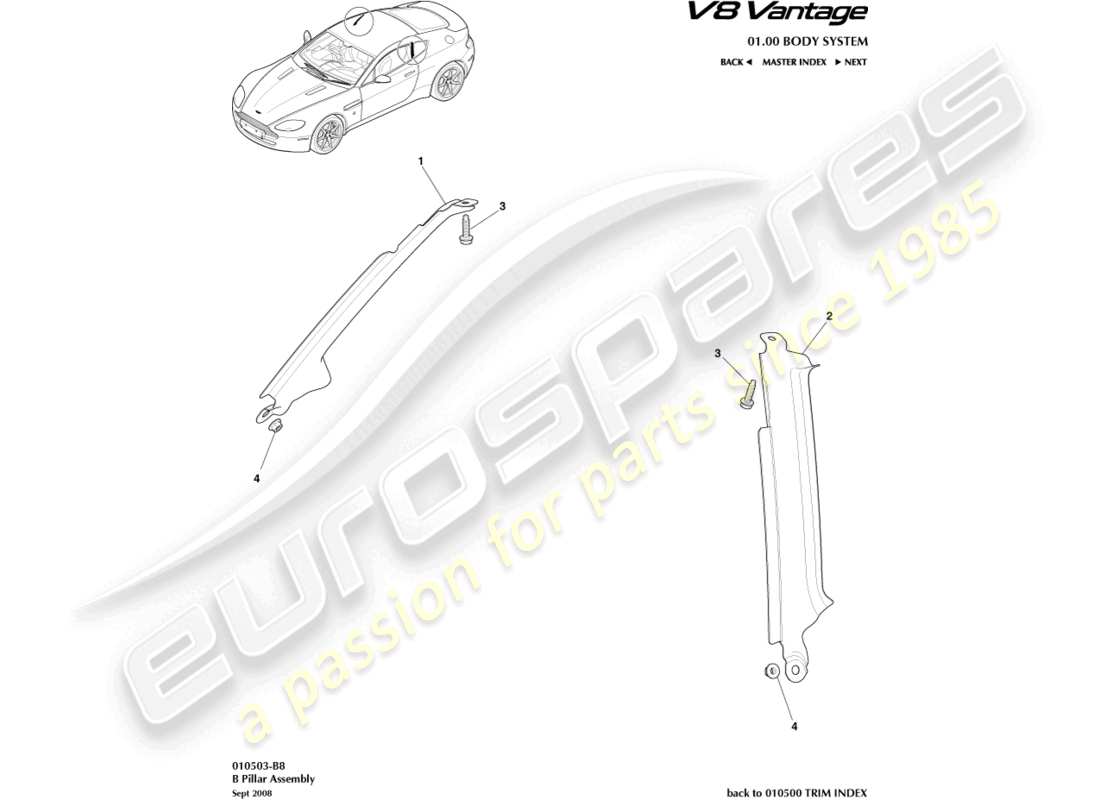 aston martin vantage gt8 (2017) teilediagramm der b-säulenbaugruppe