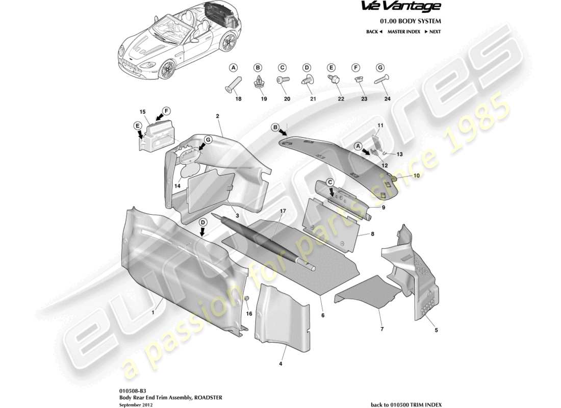 aston martin v12 vantage (2013) laderaumverkleidung, roadster, ersatzteildiagramm