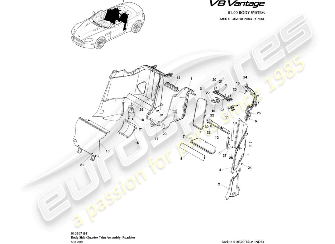 aston martin v8 vantage (2015) seitenverkleidung der karosserie, roadster-ersatzteildiagramm