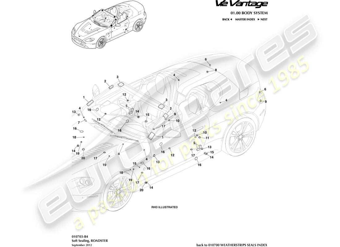 aston martin v12 vantage (2012) weiche dichtung, roadster-ersatzteildiagramm