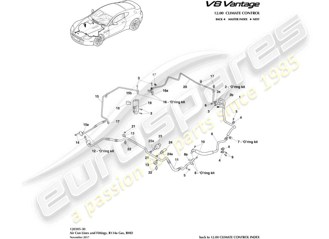 aston martin v8 vantage (2018) klimaanlagenleitungen, r134a gas, rhd-ersatzteildiagramm