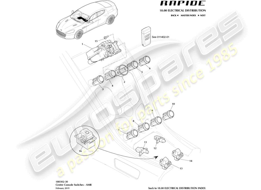 aston martin rapide (2011) mittelkonsolenschalter, amr-ersatzteildiagramm