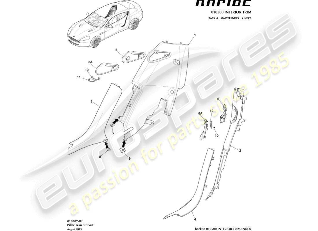 aston martin rapide (2010) teilediagramm für c-säulenverkleidung