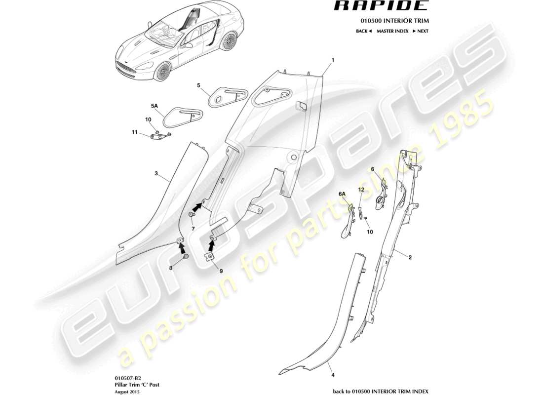 aston martin rapide (2011) teilediagramm für c-säulenverkleidung