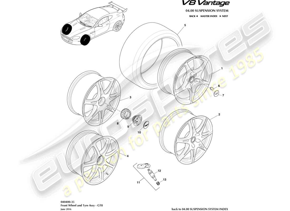 aston martin v8 vantage (2017) vorderräder und reifen, gt8 ersatzteildiagramm