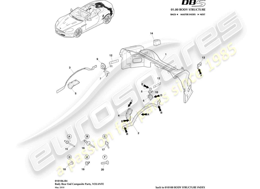 aston martin dbs (2008) karosserie-heckteil-verbundwerkstoff, volante-teilediagramm