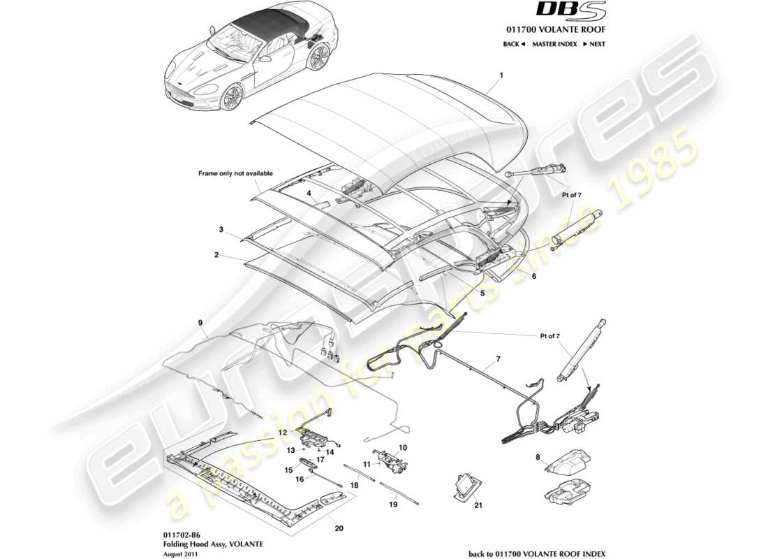 aston martin dbs (2011) teilediagramm der volante-dachbaugruppe