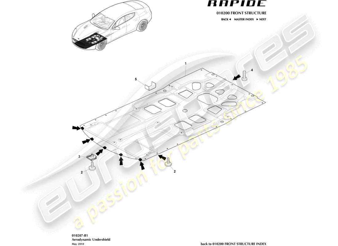 aston martin rapide (2012) teilediagramm für die vordere unterbodenverkleidung