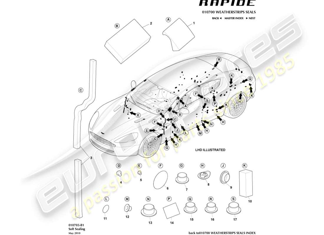 aston martin rapide (2011) teilediagramm für weiche dichtungen