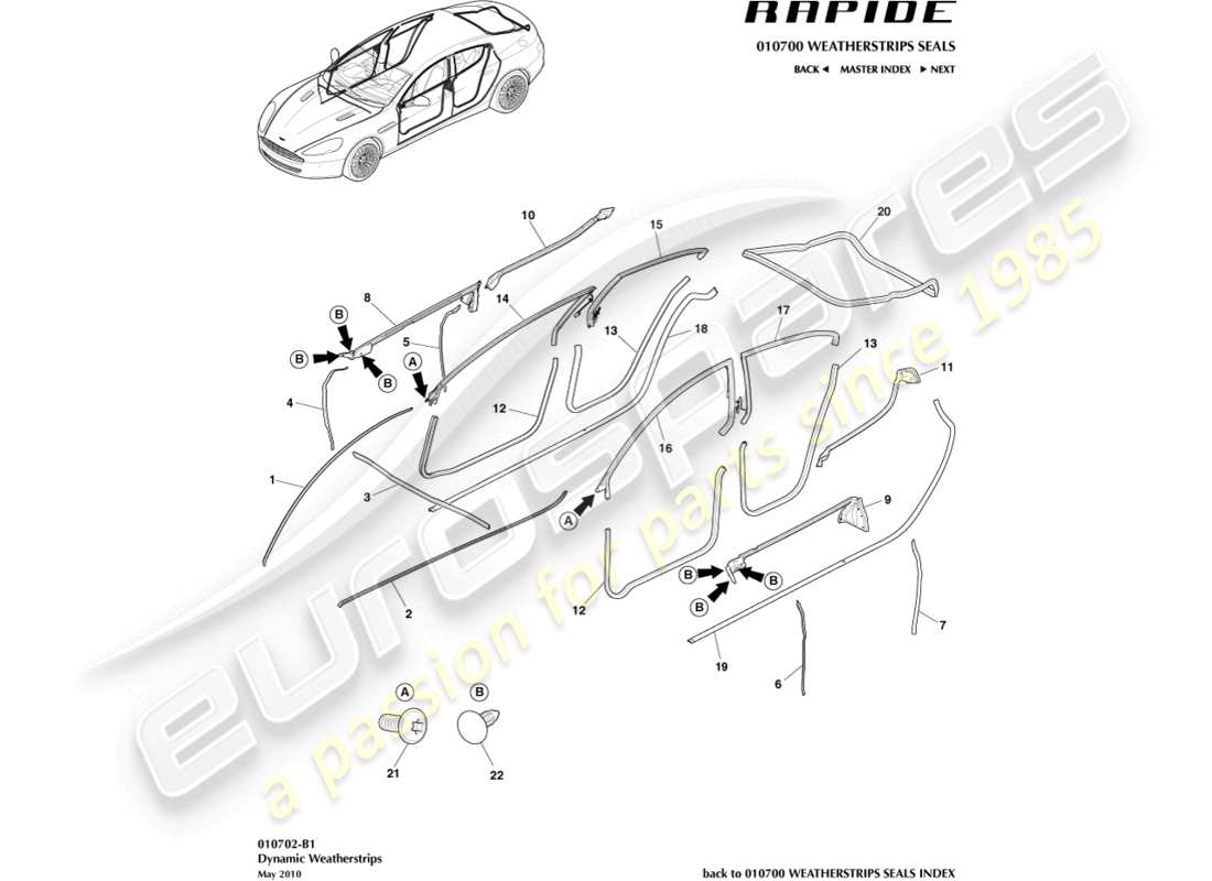 aston martin rapide (2011) teilediagramm für dynamische dichtungsstreifen