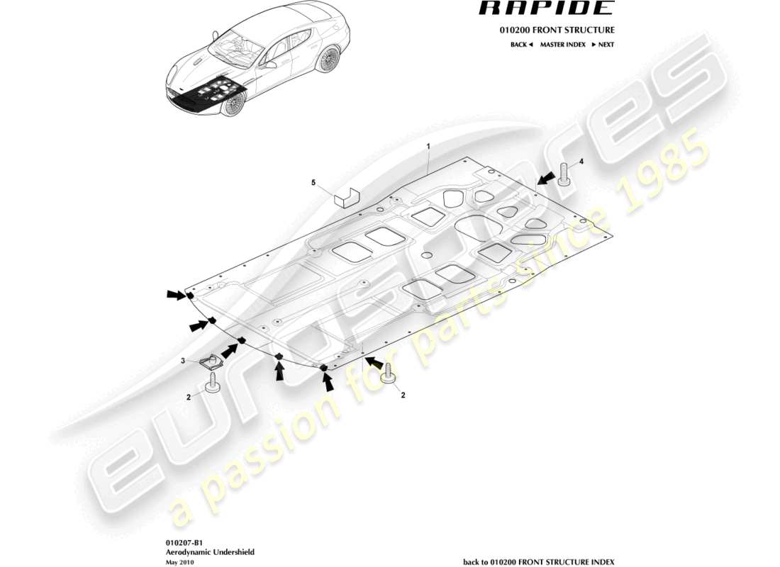 aston martin rapide (2011) teilediagramm für die vordere unterbodenverkleidung