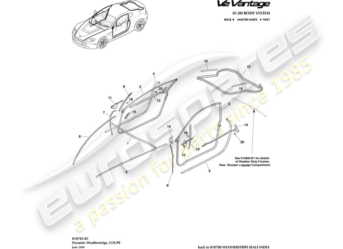 aston martin v12 vantage (2011) dynamische dichtungen, coupé-teilediagramm