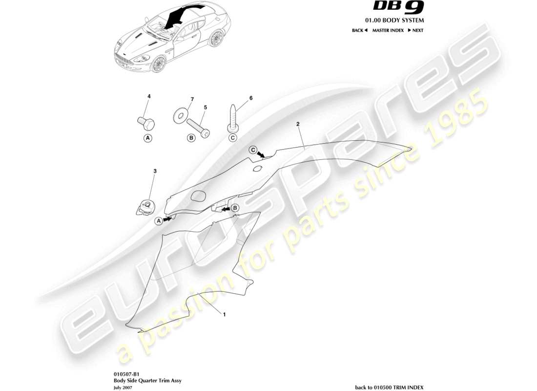 aston martin db9 (2005) seitenverkleidung, coupé, teilediagramm
