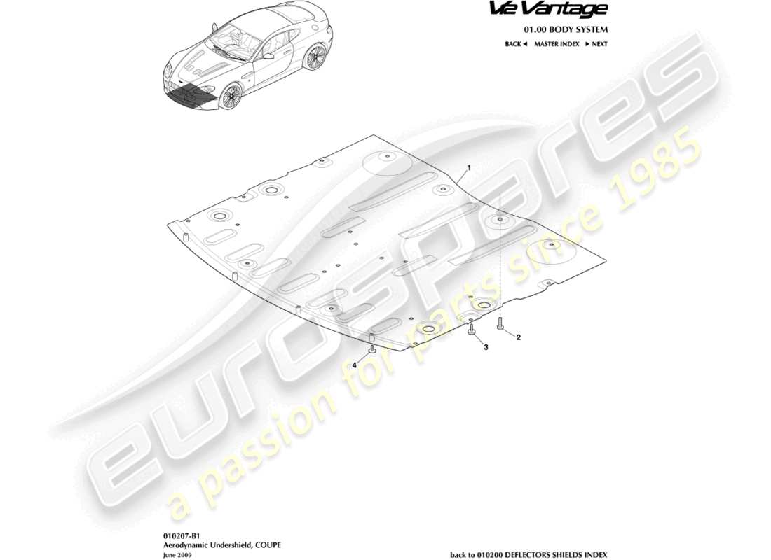 aston martin v12 vantage (2010) vorderer unterbodenschutz, coupé-teilediagramm
