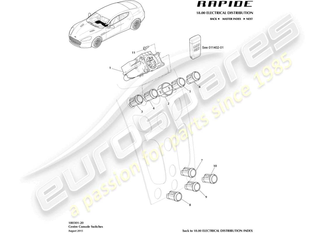 aston martin rapide (2013) teilediagramm für mittelkonsolenschalter