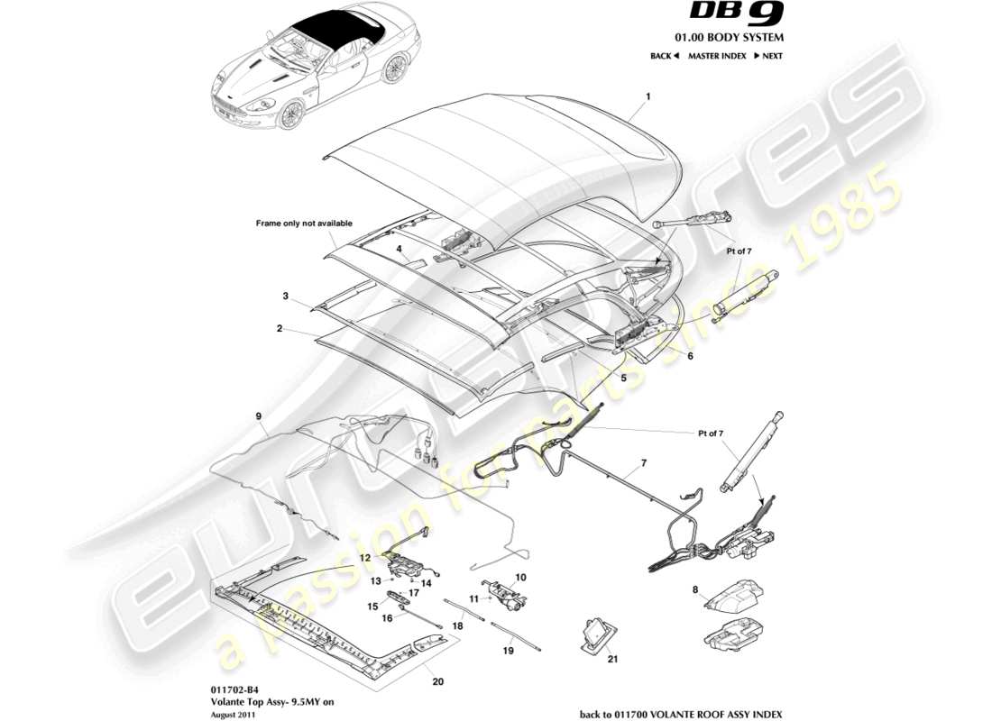 aston martin db9 (2012) volante-dachbaugruppe, 9.5my im teilediagramm