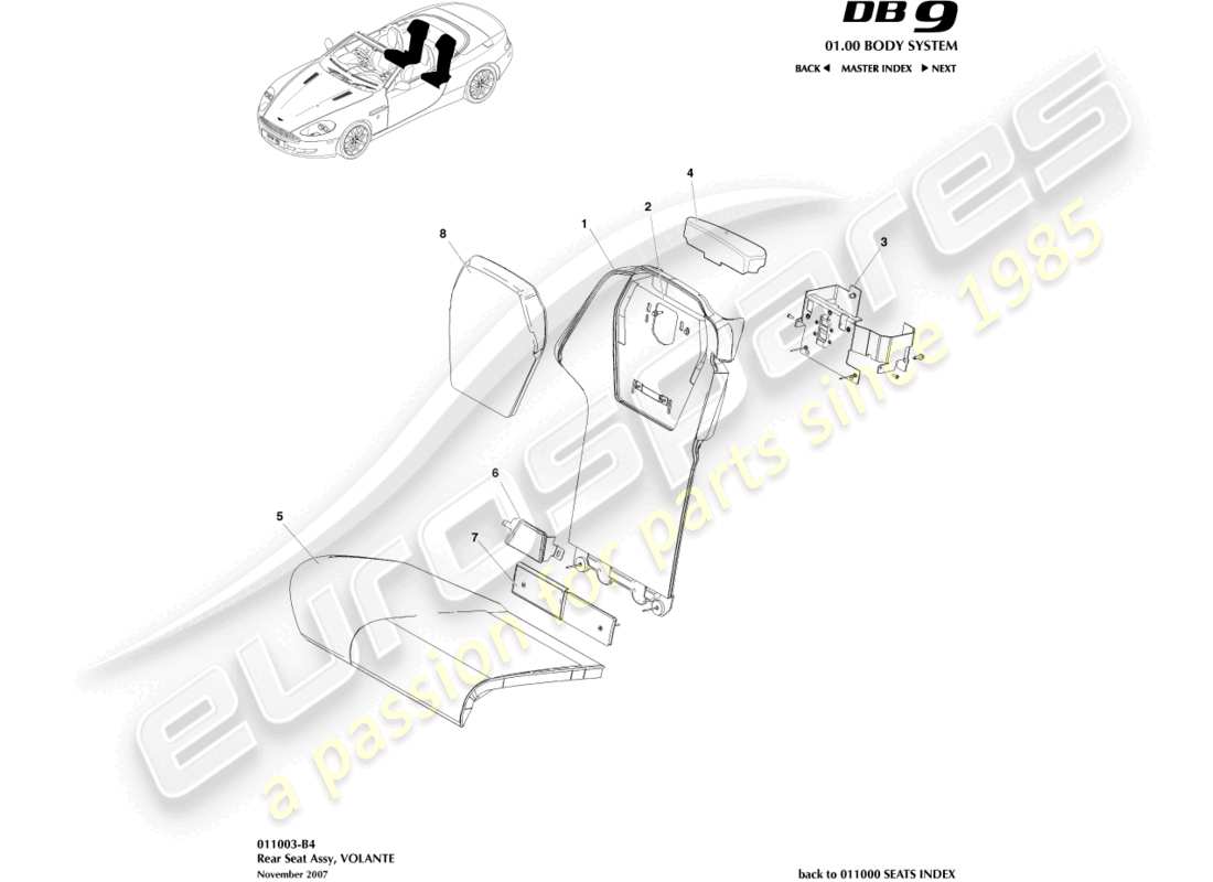 aston martin db9 (2009) rücksitz, volante-ersatzteildiagramm