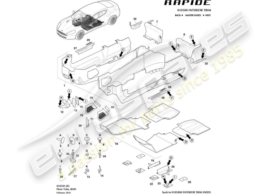 aston martin rapide (2012) hauptbodenverkleidung, rhd-ersatzteildiagramm