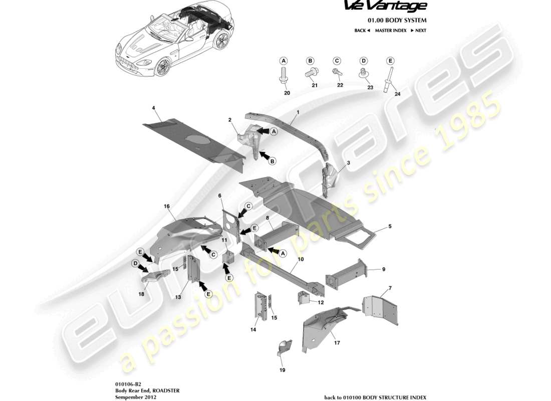 aston martin v12 vantage (2011) karosserieheck, roadster-ersatzteildiagramm