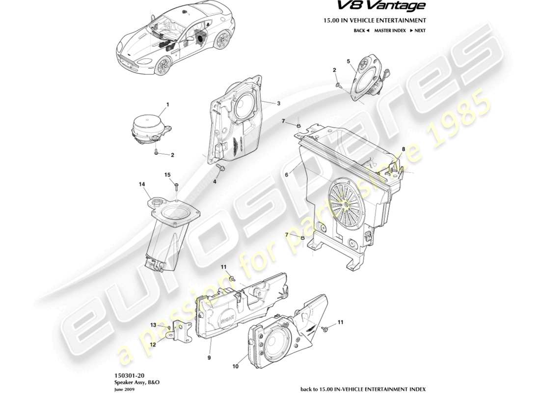 aston martin v8 vantage (2018) lautsprecher, b&o-teilediagramm