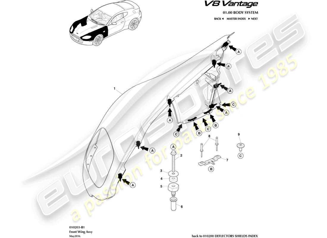 aston martin v8 vantage (2015) teilediagramm der frontkotflügelbaugruppe