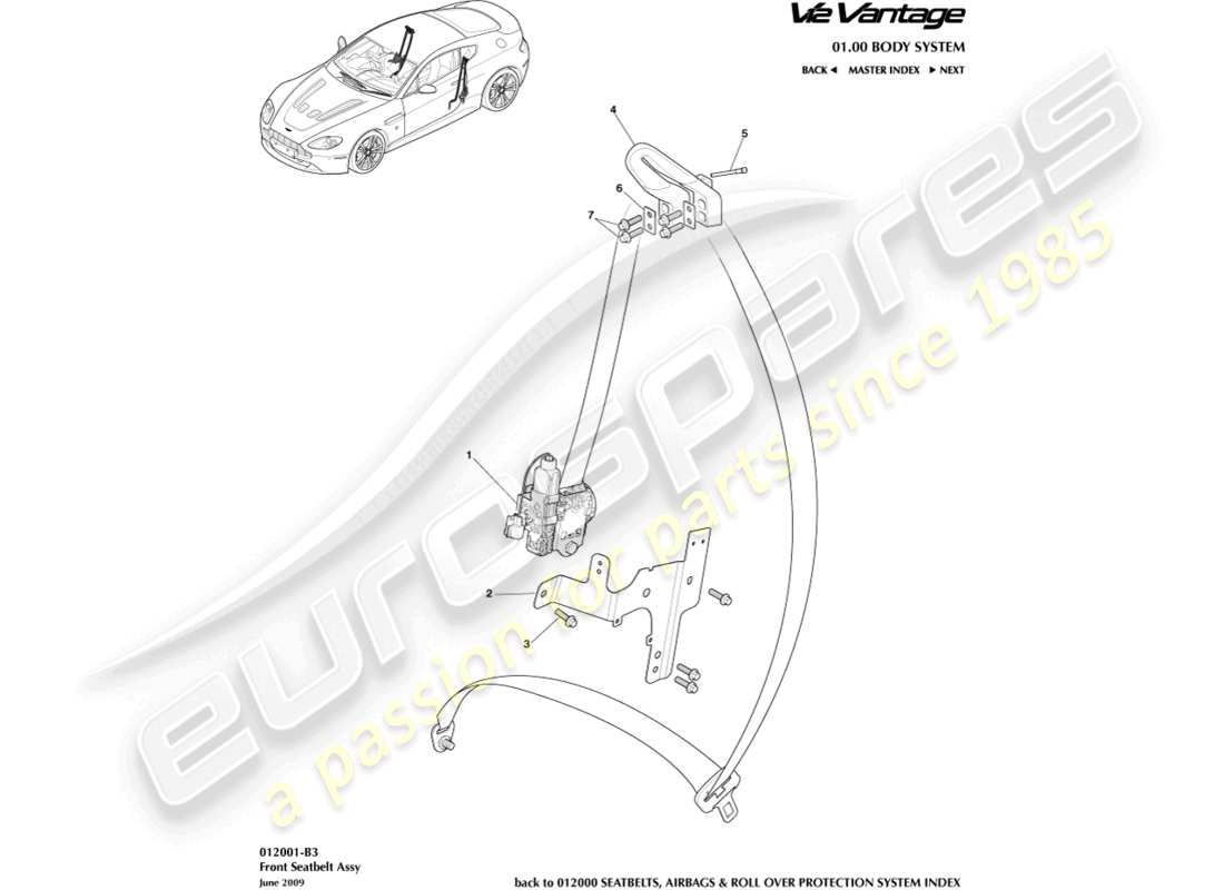 aston martin v12 vantage (2013) teilediagramm für vordere sicherheitsgurte
