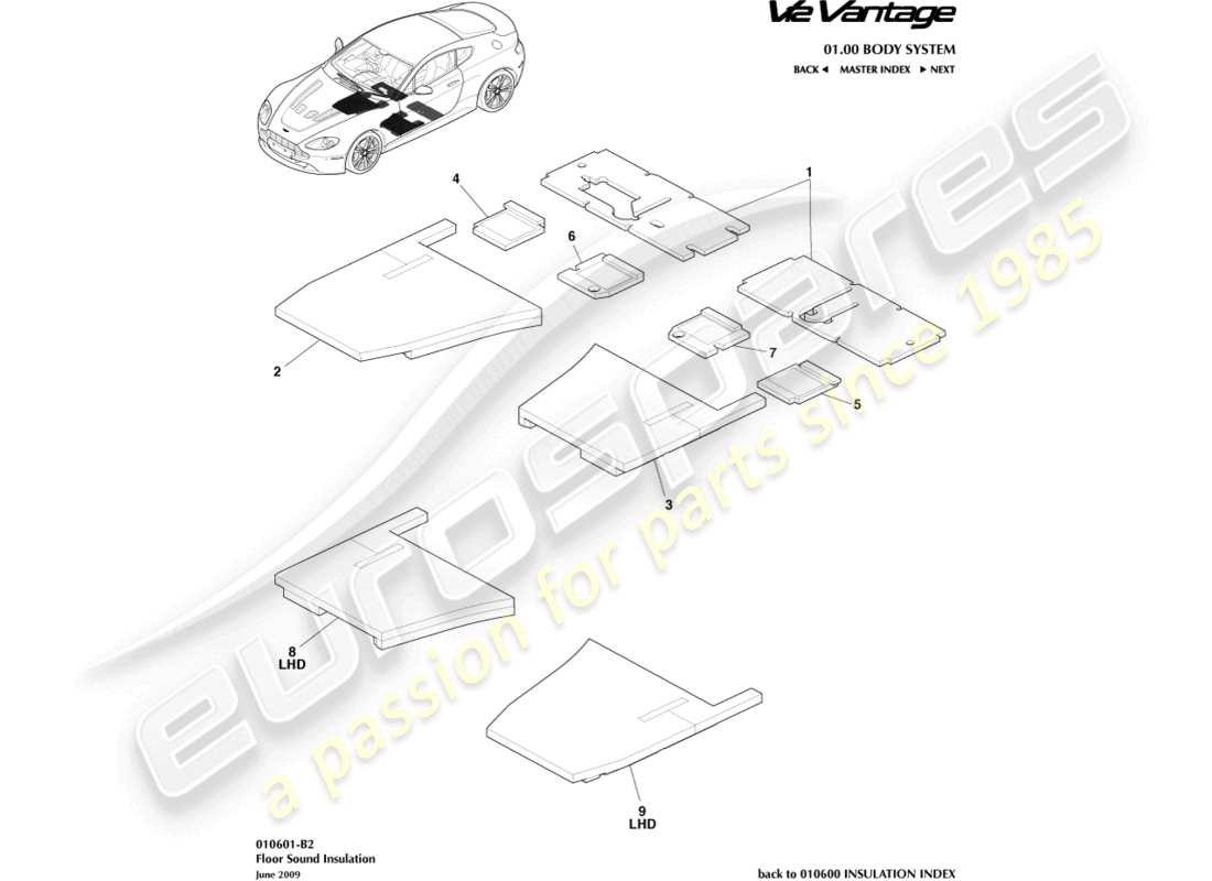 aston martin v12 vantage (2010) teilediagramm zur bodenschalldämmung