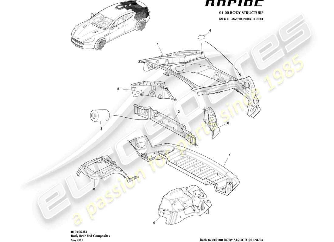 aston martin rapide (2019) teilediagramm für verbundwerkstoffe der karosserieheckpartie