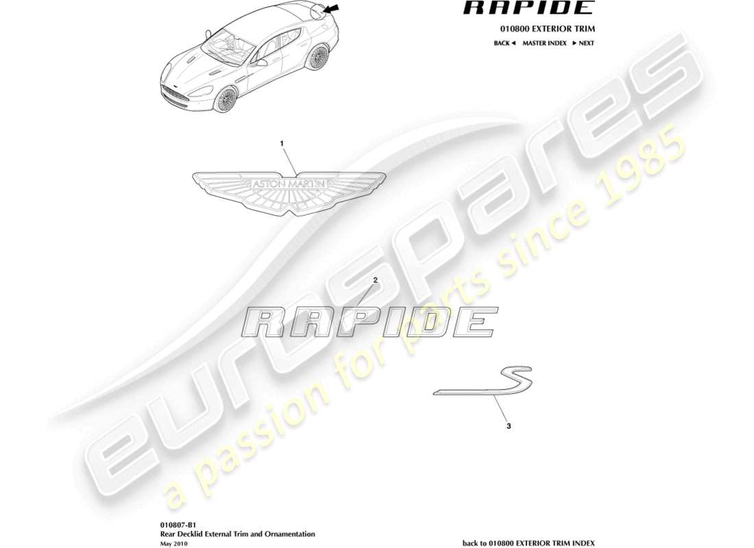 aston martin rapide (2011) abzeichen-teilediagramm