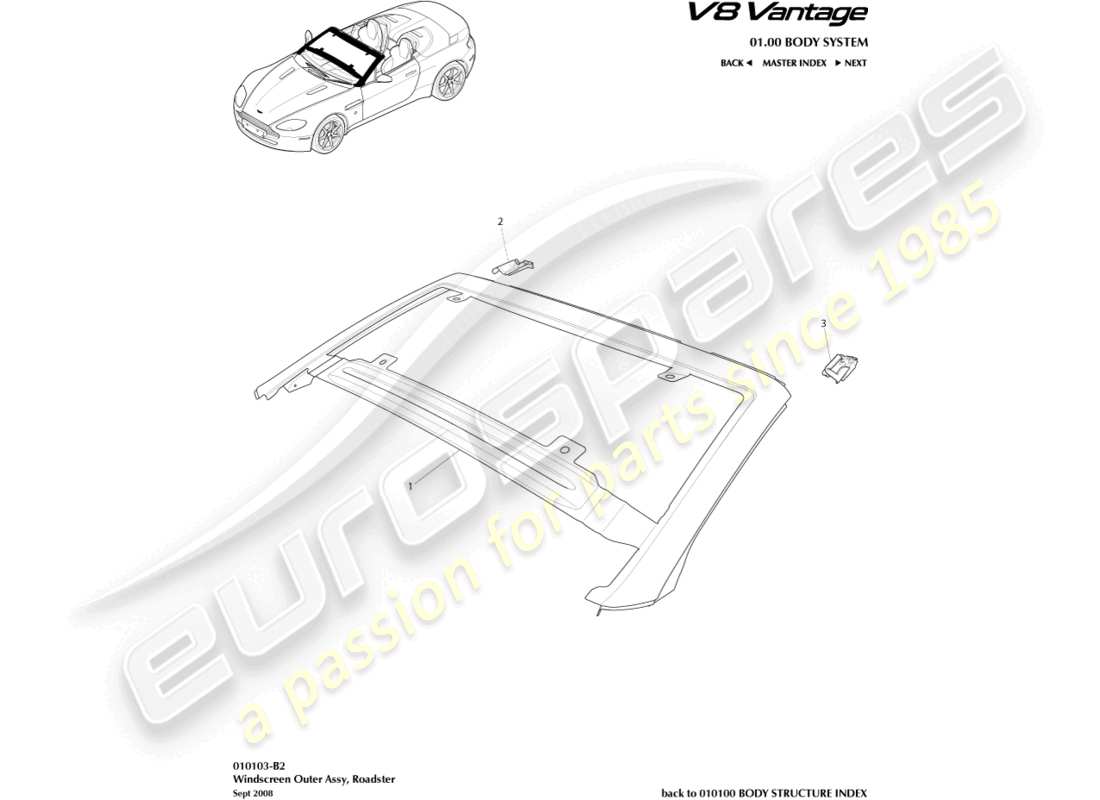 aston martin v8 vantage (2014) windschutzscheibe, außen, roadster, ersatzteildiagramm